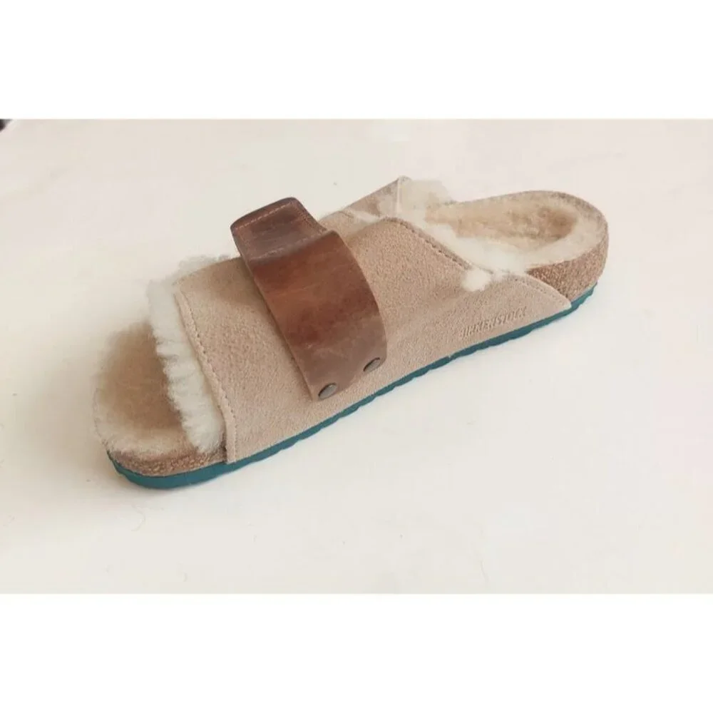 Birkenstock Size 2 Kyoto Teddy Kids Suede Sandals Shearling Lined EU 33 Beige